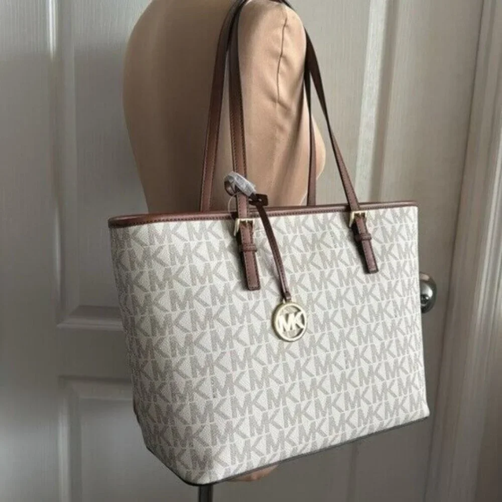 Michael Kors Jet Set Vanilla Luggage Tote Carry All Shoulder Handbag Logo Charm